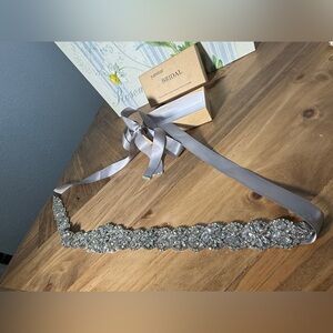 rhinestone and crystal bridal sash with a grey satin ribbon wedding belt